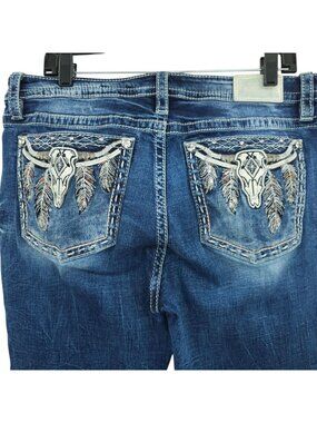Miss Me Jeans 34 Curvy Boot Western Longhorn Cow Skull Feather Embellished Blue